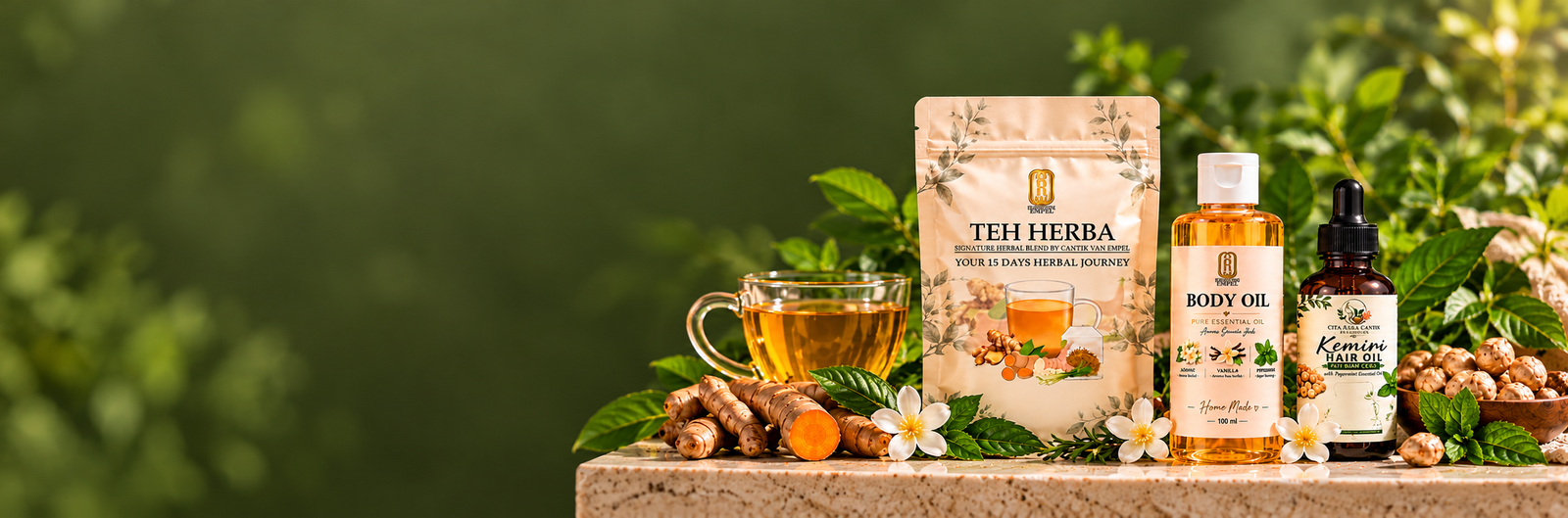 Teh Herba, Natural Body Oil dan Kemiri Hair Oil bersama ramuan botani