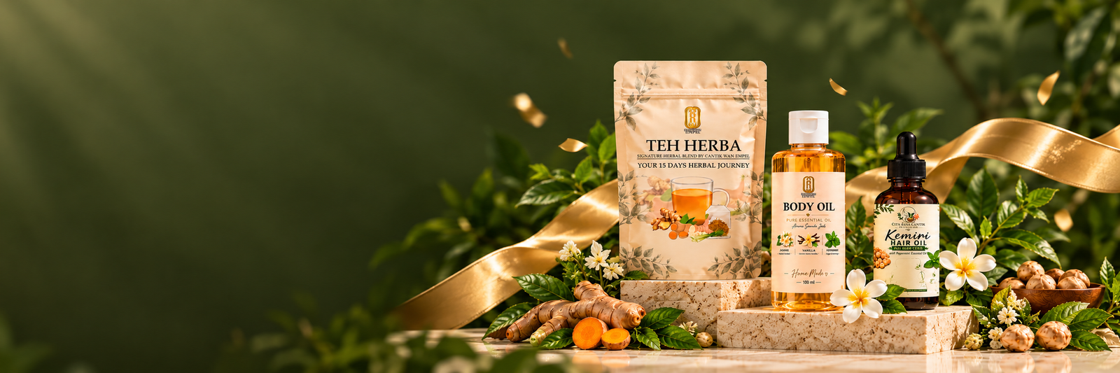 Teh Herba, Natural Body Oil dan Kemiri Hair Oil bersama ramuan botani