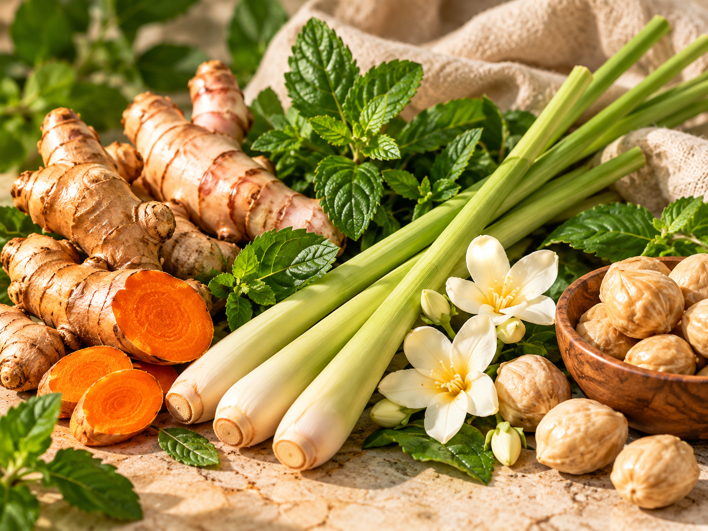 Ramuan botani: halia, kunyit, serai, buah keras dan daun hijau